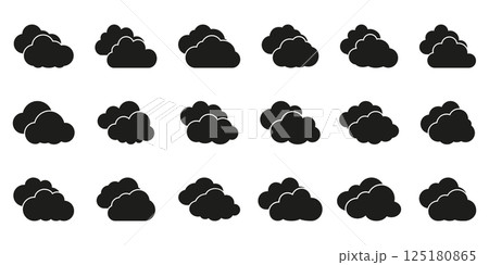 Cloud formation and weather solid icon set. Atmospheric elements and sky conditions silhouette symbol collection. Isolated vector illustration 125180865