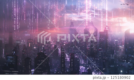 A cyberpunk cityscape bathed in purple and pink light, with digital rain falling from the sky. 125180902