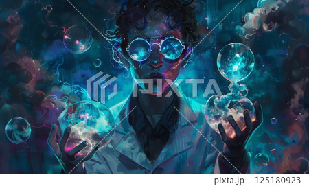 A young scientist, wearing glasses and a lab coat, holds glowing orbs in their hands surrounded by blue energy and bubbles. 125180923