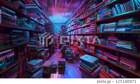 Books stacked on shelves and in piles, illuminated by purple and blue lights in a library. 125180971