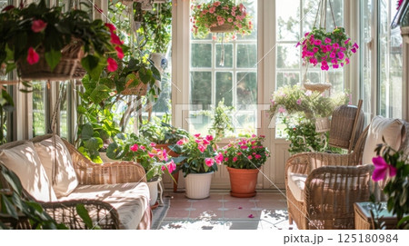 Bright sunlight floods a conservatory adorned with vibrant hanging flowers and potted plants, inviting relaxation. 125180984