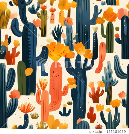 tropical jungle seamless pattern with colorful cacti 125181039
