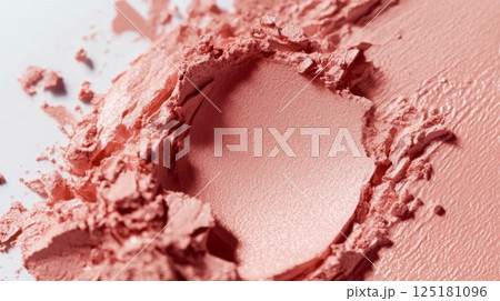 A soft pink cosmetic powder is scattered artistically across a white background, showcasing its fine texture and color. The natural light enhances the delicacy and subtle details of the powder. 125181096