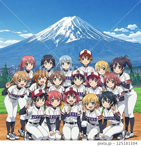 アニメ風女子野球チームの集合写真と富士山の風景 125181104