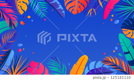Summer vector background. Abstract border illustration with jungle exotic leaves, color bright gradient design and copy space at the center. Paradise scene template for vacation pattern, dark night Summer vector background. Abstract border illustration with jungle exotic leaves, color bright gradient design and copy space at the center. Paradise scene template for vacation pattern, dark night 125181110