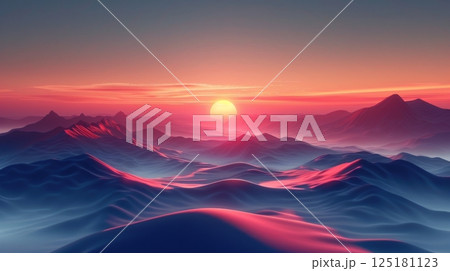 The sun sets behind a majestic mountain range, casting a warm glow on the rugged peaks and valleys. 125181123