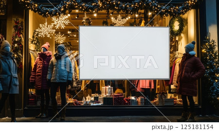 A store window decorated with Christmas lights and a large, blank sign. The window is filled with mannequins wearing winter clothes and gifts are arranged at the base of the display. 125181154