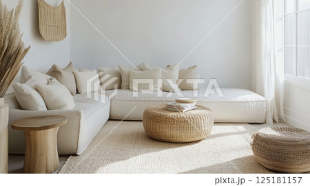 A cozy living room features a large white sectional sofa adorned with cream cushions 125181157