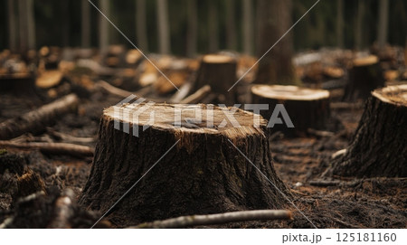Cut tree stumps scattered across a deforested area with dark soil and fallen branches amidst tall trees. 125181160