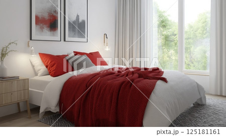 A welcoming bedroom showcases a neatly made bed adorned with red and gray pillows, complemented by a soft throw blanket. Large windows invite bright sunlight, enhancing the inviting atmosphere. A welcoming bedroom showcases a neatly made bed adorned with red and gray pillows, complemented by a soft throw blanket. Large windows invite bright sunlight, enhancing the inviting atmosphere. 125181161
