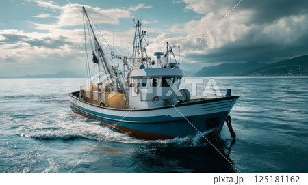 A fishing boat cruises through tranquil waters as dark clouds gather overhead during dusk. A fishing boat cruises through tranquil waters as dark clouds gather overhead during dusk. 125181162