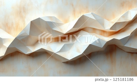 An abstract composition features a series of intricate paper folds creating a wavy effect. The artwork is set against a warm, textured beige backdrop, offering a modern artistic vibe. 125181186