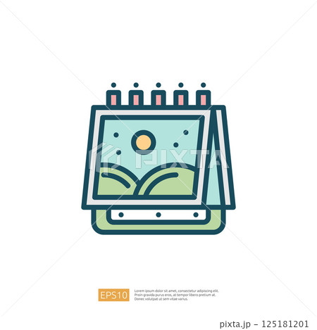 A simplistic illustration of a calendar or planner with a scenic image, depicting a sun over hills, representing organization and planning. A simplistic illustration of a calendar or planner with a scenic image, depicting a sun over hills, representing organization and planning. 125181201