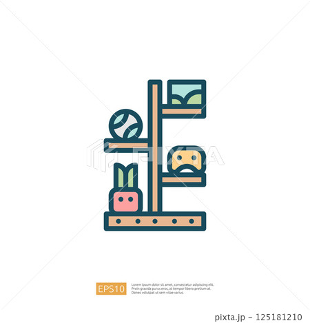 The image features a minimalist shelf displaying various items, including a ball, a plant, and a face, illustrating a playful and organized design. 125181210