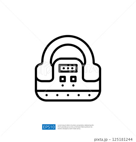 A simple line drawing of a portable device, possibly a speaker or music player, featuring buttons and a handle for easy transport. 125181244