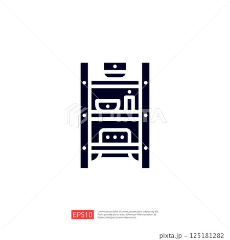 The image features a simple graphic representation of a shelf or cabinet with various items, suggesting storage or organization. The image features a simple graphic representation of a shelf or cabinet with various items, suggesting storage or organization. 125181282