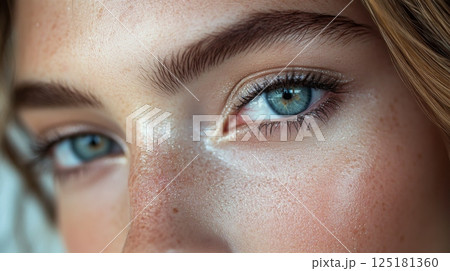 This close-up captures the captivating blue eyes of a young individual, emphasizing their natural beauty and texture. Soft lighting enhances the allure and details of the eye makeup and skin. 125181360