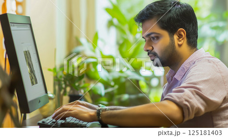 Indian software engineer focuses on coding while working in a plant-filled workspace Indian software engineer focuses on coding while working in a plant-filled workspace 125181403