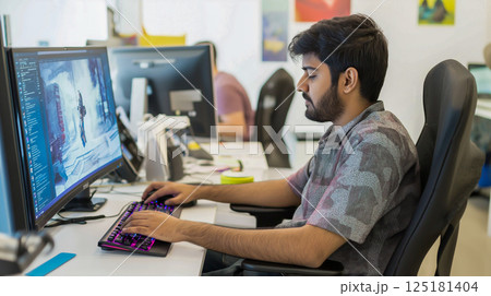 Indian software engineer coding at a workstation in a modern office environment Indian software engineer coding at a workstation in a modern office environment 125181404