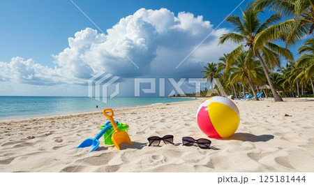 夏のイメージ。砂浜と青い海と白い雲 125181444