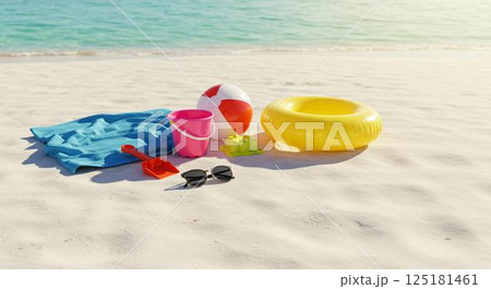 夏のイメージ。砂浜と青い海と白い雲 125181461