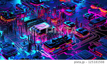 Motherboard with chips and connections in purple and blue neon lights. Technology background with microchips on hardware circuitboard. Generated AI. 125181508