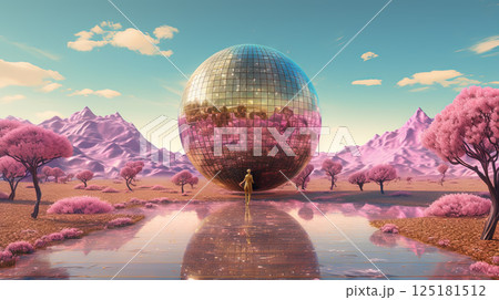 Surreal vaporwave scene with golden ball on the landscape with mountains and sea. 90s styled abstract surreal pink composition. Generated AI. Surreal vaporwave scene with golden ball on the landscape with mountains and sea. 90s styled abstract surreal pink composition. Generated AI. 125181512