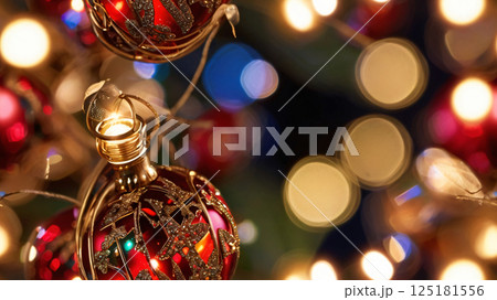 Christmas and Happy new year on blurred bokeh, lights and glitter  Christmas and Happy new year on blurred bokeh, lights and glitter  125181556