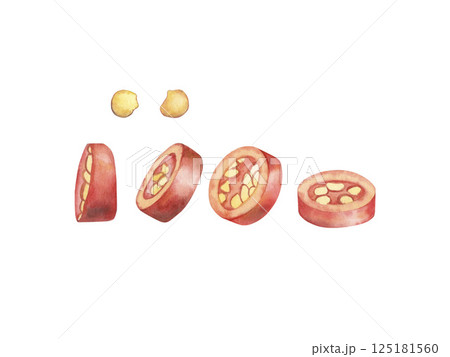 Watercolor illustration of red chili pepper slices and seeds from different angles. Hand drawn spicy vegetables in botanical style. Perfect for food packaging, culinary design, recipes, kitchen decor Watercolor illustration of red chili pepper slices and seeds from different angles. Hand drawn spicy vegetables in botanical style. Perfect for food packaging, culinary design, recipes, kitchen decor 125181560