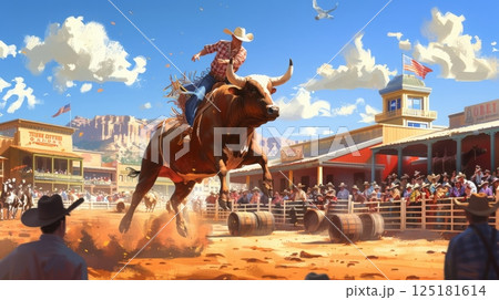 A cowboy skillfully rides a bucking bull in a lively rodeo, surrounded by enthusiastic spectators and Western buildings. 125181614