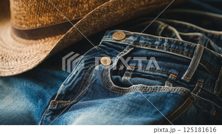 A pair of blue denim jeans and a straw hat are arranged on a wooden table, capturing a casual, laid-back style. 125181616