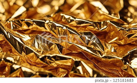 close up crumpled gold aluminum foil texture background, abstract pattern of tinfoil, copy space 125181683