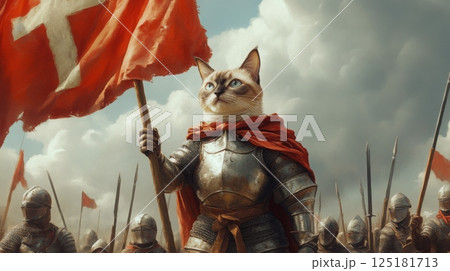 A courageous feline dressed in armor raises a flag while standing at the forefront of a medieval army, with soldiers in the background prepared for battle under dramatic gray clouds. A courageous feline dressed in armor raises a flag while standing at the forefront of a medieval army, with soldiers in the background prepared for battle under dramatic gray clouds. 125181713