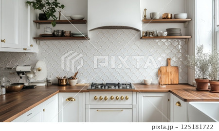 A cozy kitchen showcases white cabinetry, wooden countertops, and open shelving adorned with ceramic dishware and plants A cozy kitchen showcases white cabinetry, wooden countertops, and open shelving adorned with ceramic dishware and plants 125181722