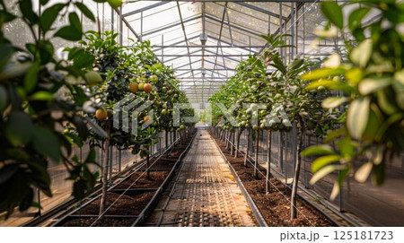Rows of vibrant citrus trees laden with fruit thrive in a well-maintained greenhouse under bright sunlight. Rows of vibrant citrus trees laden with fruit thrive in a well-maintained greenhouse under bright sunlight. 125181723