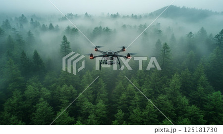 A drone hovers above a thick forest, capturing the tranquil beauty of trees enveloped in mist under the soft morning light. The serene atmosphere highlights nature's splendor. 125181730