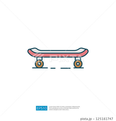 A simple illustration of a skateboard, featuring a pink deck and wooden wheels, representing leisure and sports activities. 125181747