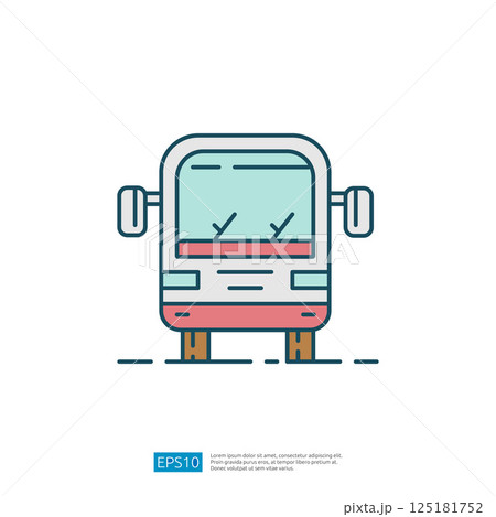 A simple, stylized illustration of a bus, featuring a front view with large windows and side mirrors, representing public transport. 125181752