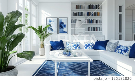 A spacious living room features a white sectional sofa adorned with blue pillows, a stylish coffee table, and a vibrant area rug 125181826