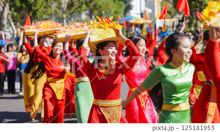 Vietnamese people celebrate tradition in...のイラスト素材 [125181953] - PIXTA
