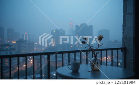A cup of coffee on the balcony overlooking the city at night 125181994