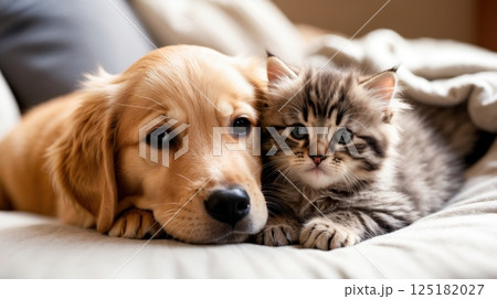 golden retriever puppy and a fluffy kitten 125182027