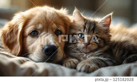 golden retriever puppy and a fluffy kitten 125182028