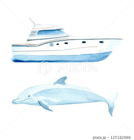 Yacht watercolor illustration isolated on white. Hand painted clip art perfect for for cards, banners, advertisements, invitations, guides, maps and books. Travel, voyage design. Blue white monochrome Yacht watercolor illustration isolated on white. Hand painted clip art perfect for for cards, banners, advertisements, invitations, guides, maps and books. Travel, voyage design. Blue white monochrome 125182066