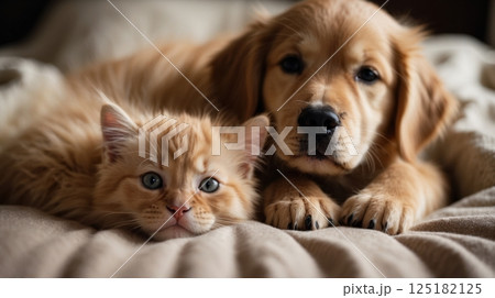 golden retriever puppy and a fluffy kitten 125182125