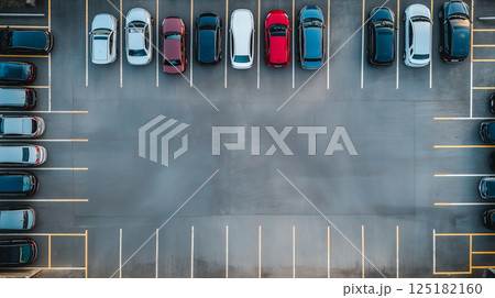 Top view of cars parked in a lot with clear lines and organized layout during daytime Top view of cars parked in a lot with clear lines and organized layout during daytime 125182160