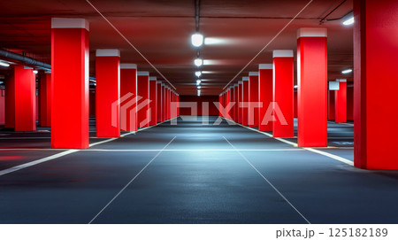 Empty parking lot with vibrant red columns and bright lighting at night in a modern urban setting 125182189