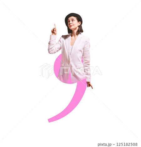 Conceptual art collage. Woman inside pink comma pointing up with curiosity, suggesting feedback moment or idea. Conceptual art collage. Woman inside pink comma pointing up with curiosity, suggesting feedback moment or idea. 125182508