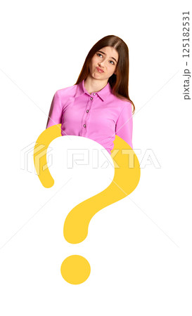 Modern visual artwork. Doubtful woman emerging from question mark, reflecting inner conflict and indecision. 125182531