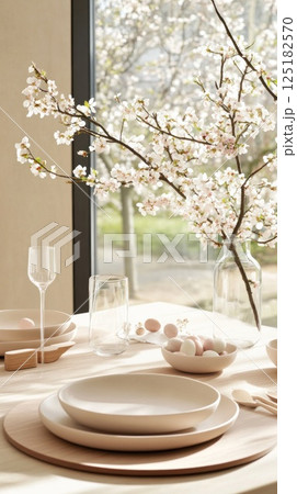 Minimalist Easter table setting in soft beige tones with ceramic plates, blooming cherry branches. 125182570